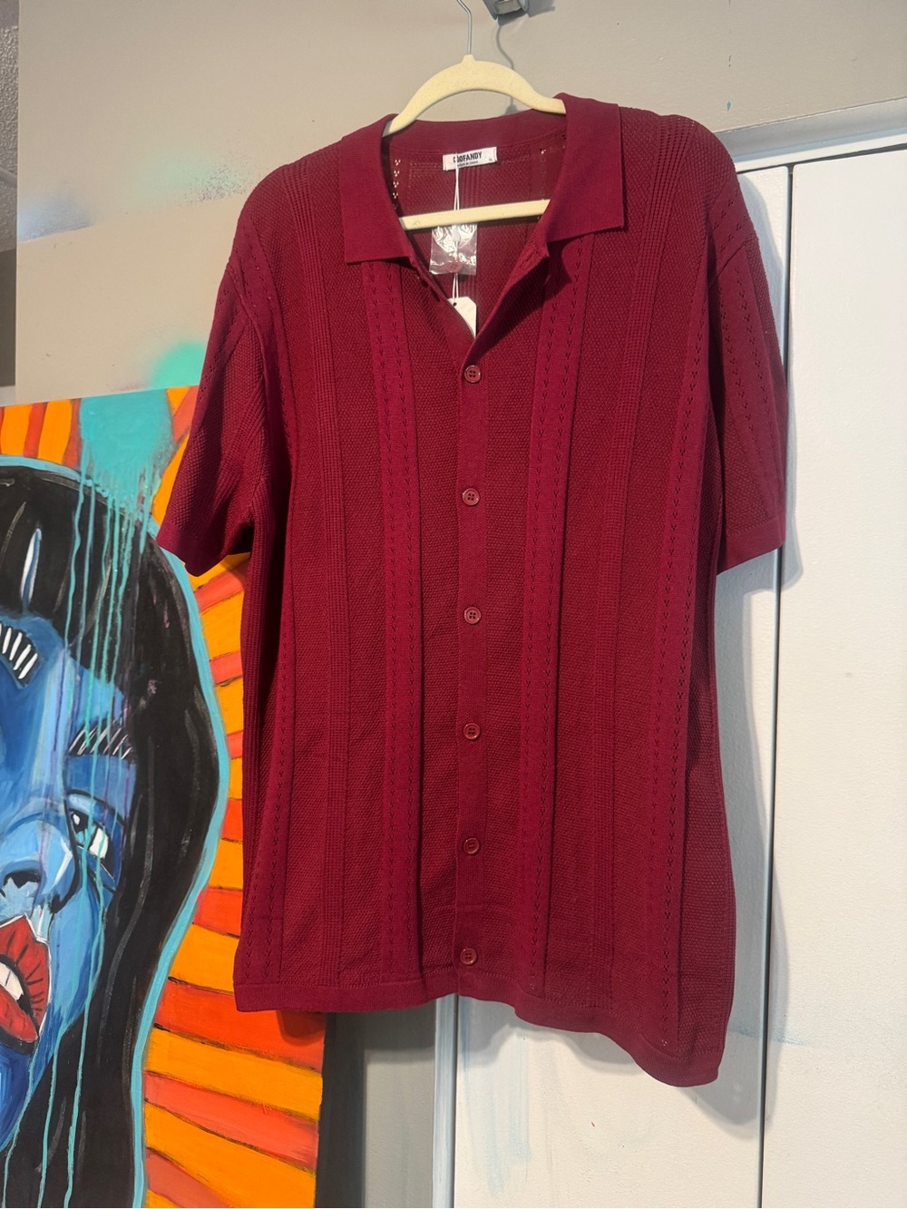 NWT Coofandy Men’s XL Burgundy Knit Polo Shirt Button Front Short Sleeve